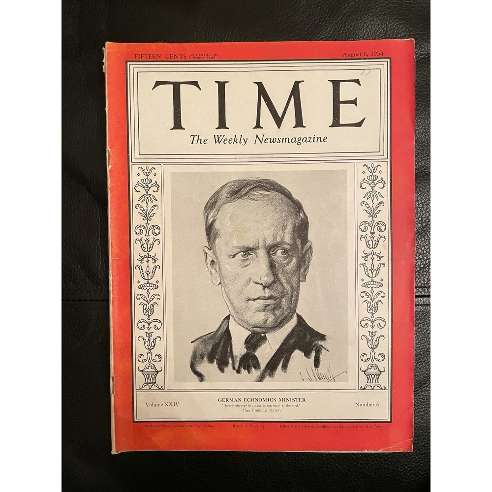 Time Magazine August 6 1934 Vol XXIV Number 6 Economics Minister Hjalmar Schacht